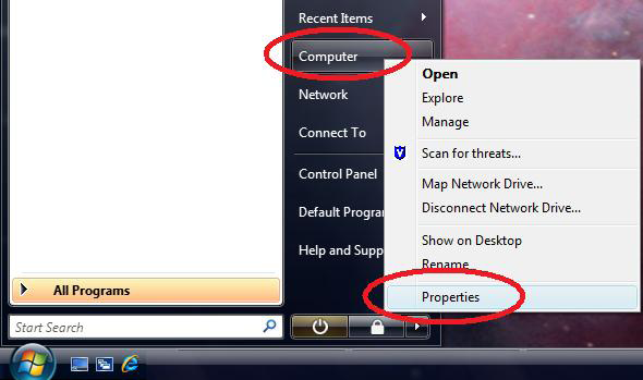 Click the Windows button, right click on Computer and click on Properties