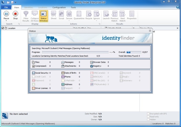 Identity Finder will then pop up a window and begin scanning local files on your machine