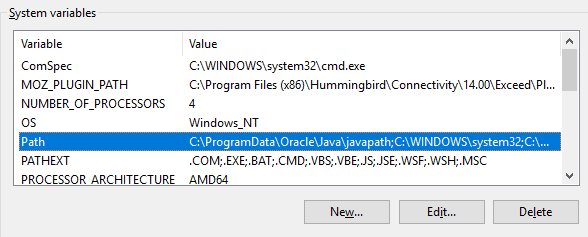 Screenshot of Windows Systems Variables list