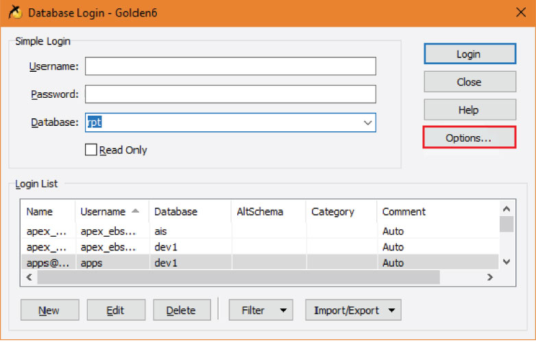 Screenshot of Database Login window.