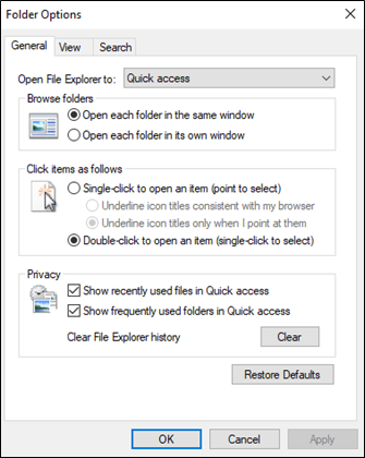 Screenshot of Folder Options screen