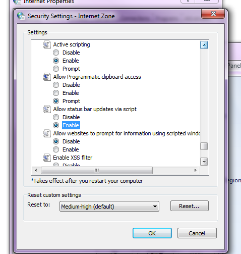 Screenshot of Control Panel security settings for Web ADI functionality