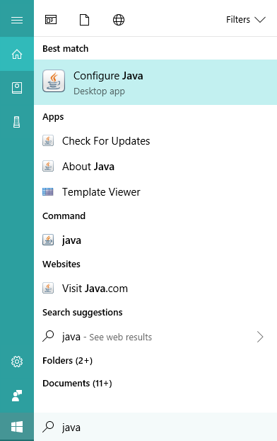 Screenshot of the Java Configure Menu