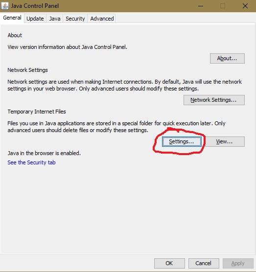 Screenshot of Java control panel