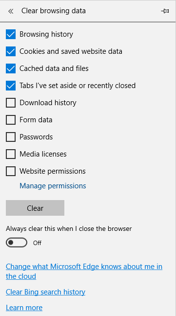 Screenshot of Microsoft Edge Clear Data screen
