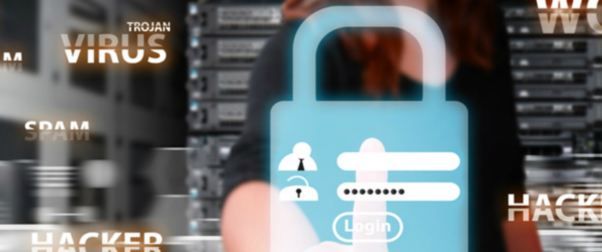 A padlock and a woman behind the lock typing in a password to open the lock