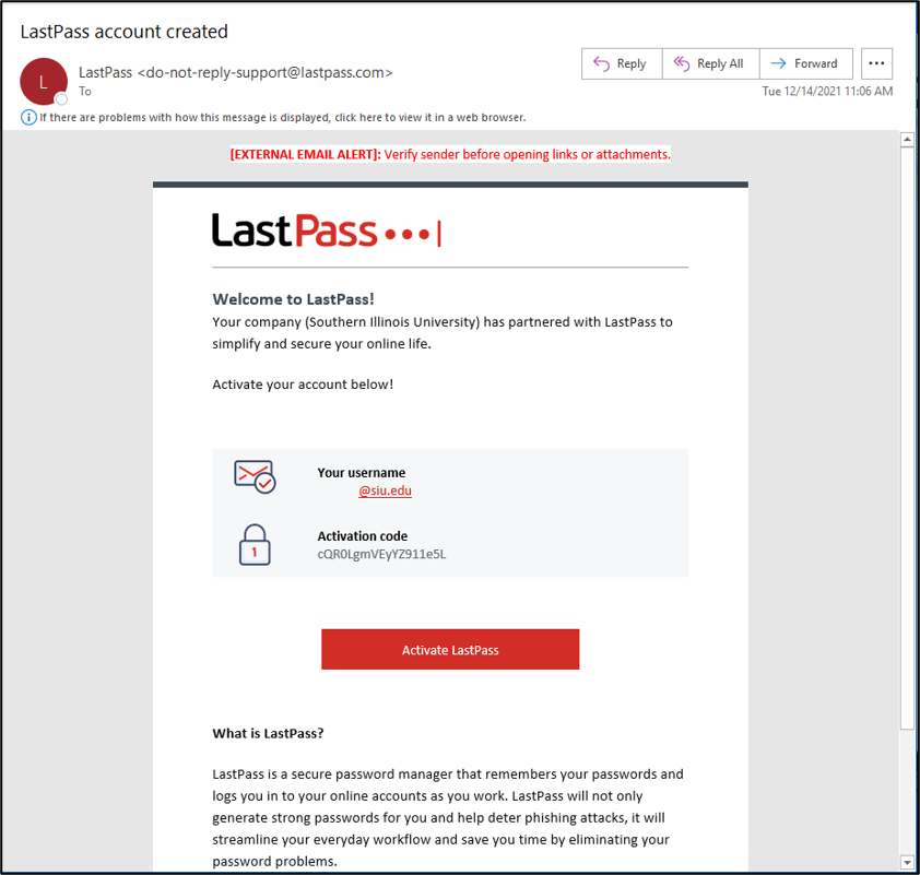 Screenshot of LastPass Activation email invite