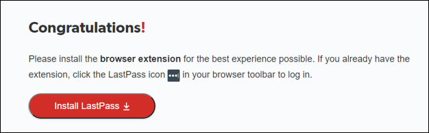 Screenshot of Lastpass Congratulations (setup complete) window