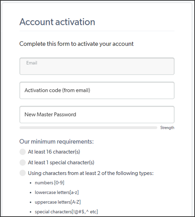 Screenshot of Account Activation window. Set master password.