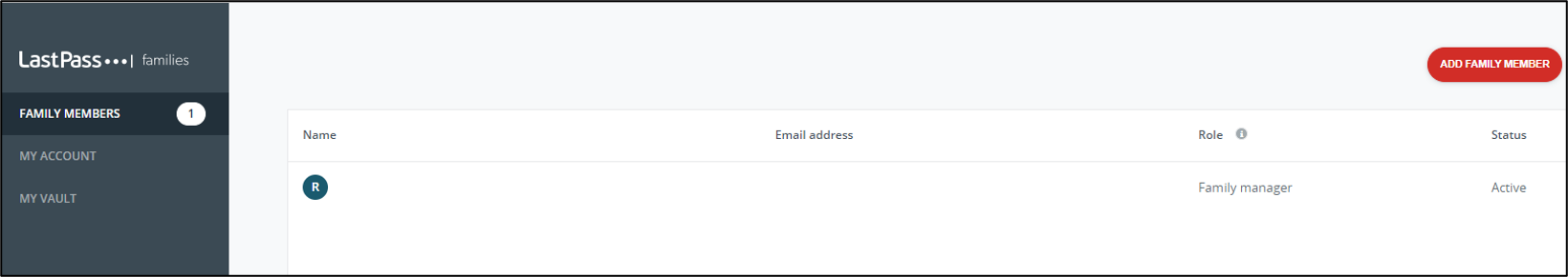 Screenshot of the LastPass Add Family screen