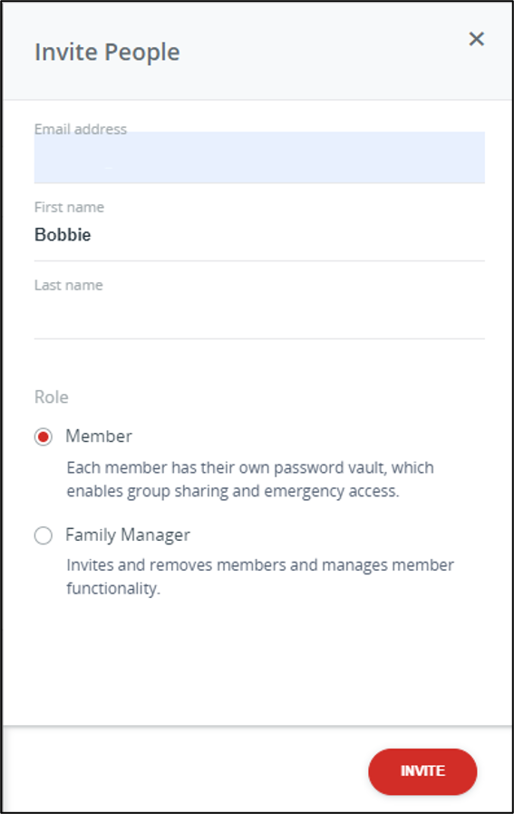Screenshot of LastPass Invite family members screen
