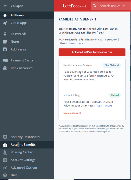 Screenshot of LastPass Account Benefits screen