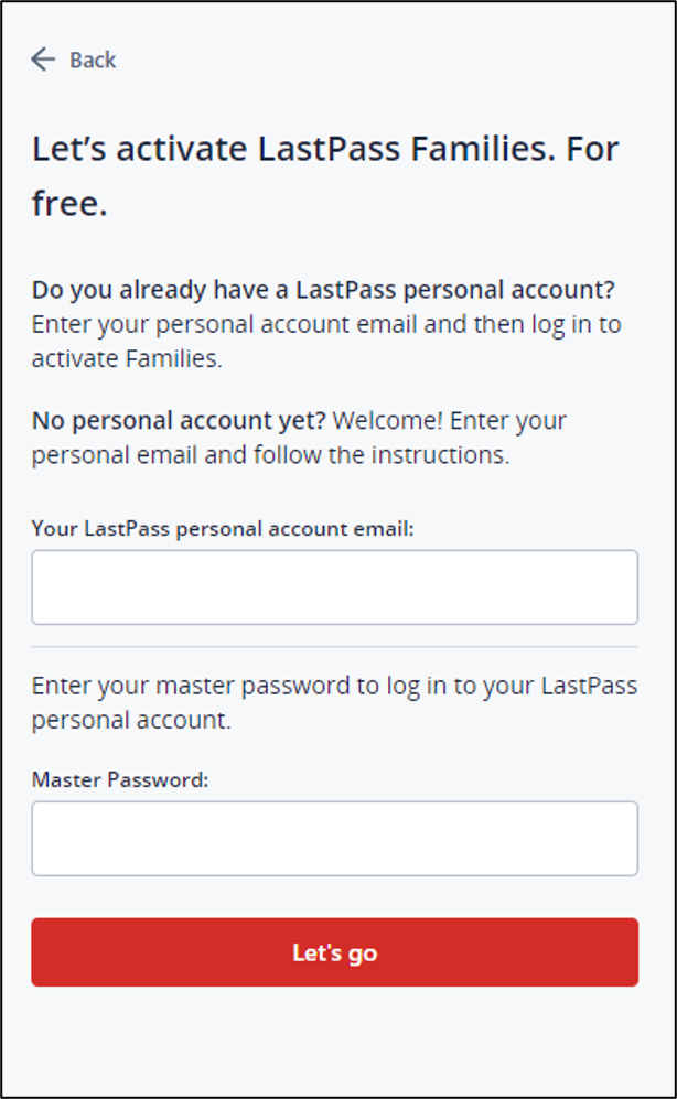 Screenshot of LastPass Master Password creation screen