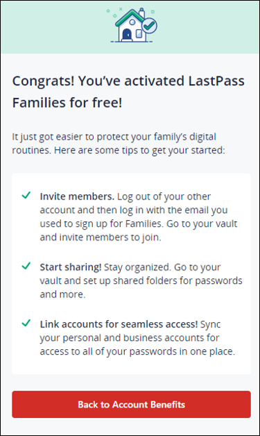 Screenshot of LastPass Families account creation completion screen