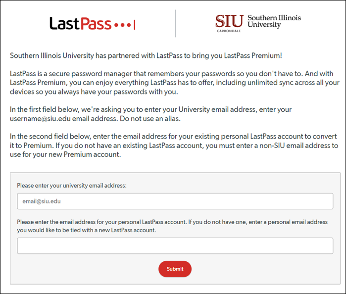 Screenshot of LastPass + SIU account creation screen