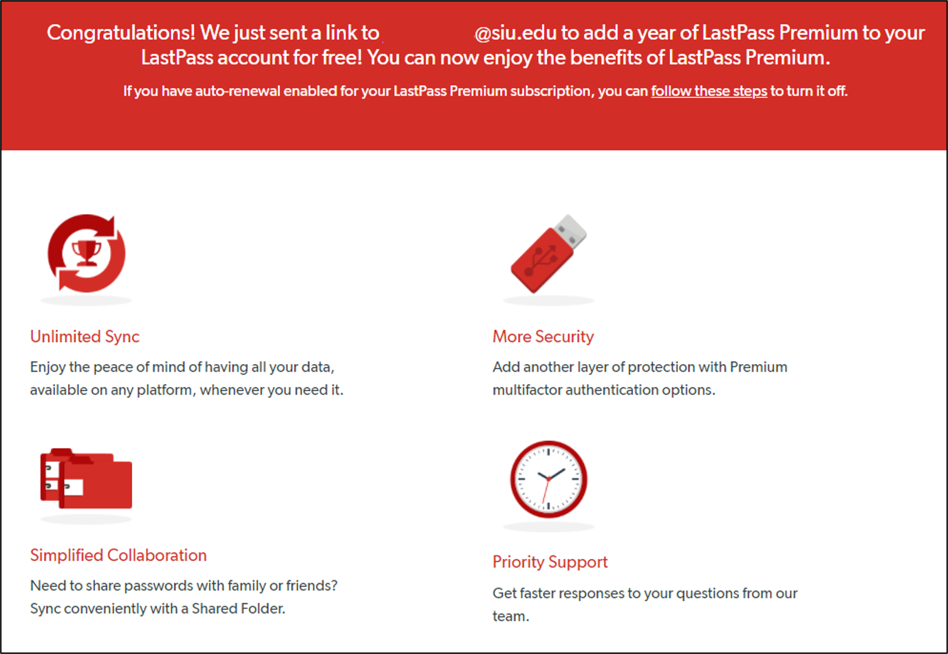 Screenshot of LastPass congratulations window