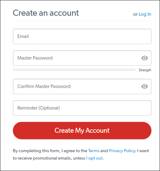 Screenshot of LastPass window for creating a master password