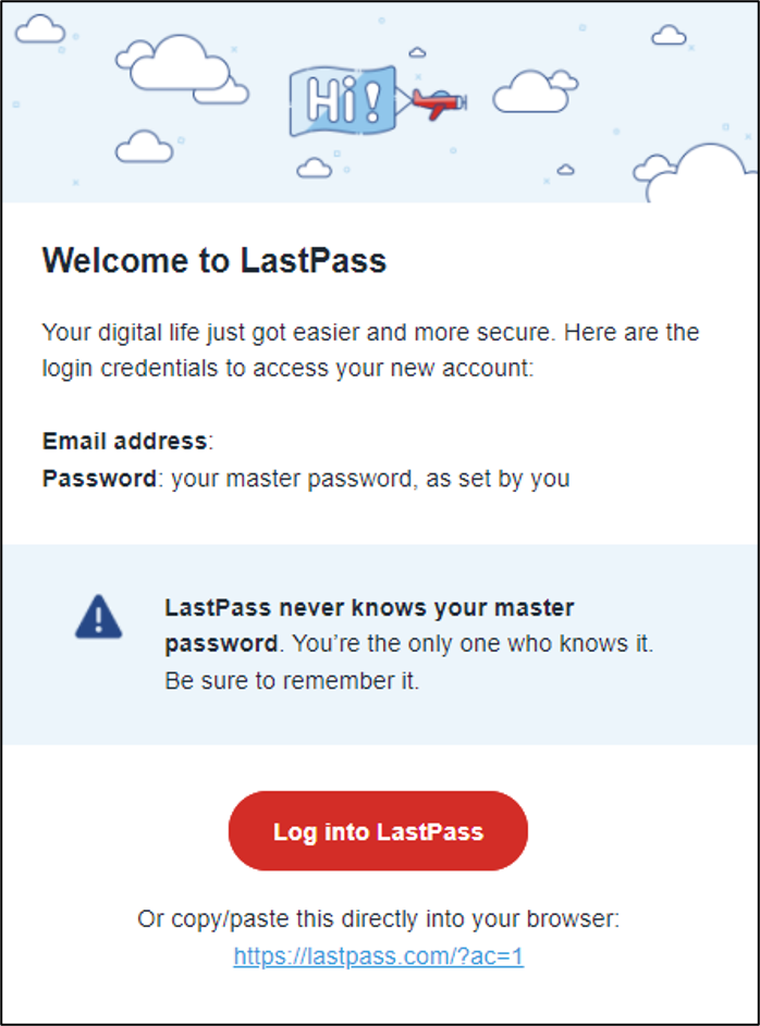 Screenshot of LastPass welcome email