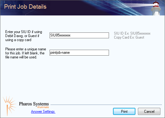 Screenshot of Print Job Details Screen with username and document name fields completed