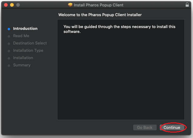 Screenshot of Pharos installation window - continue button.