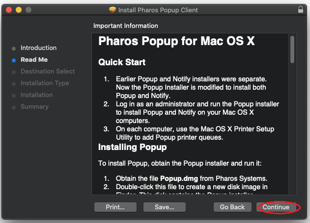 screenshot of Pharos Information Information screen. Click continue.