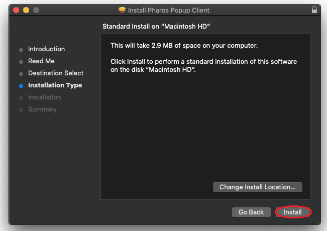 Screenshot of Pharos install button