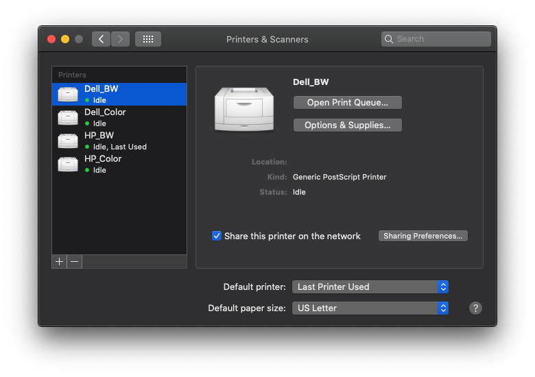 Screenshot of Mac Printers & Scanners window