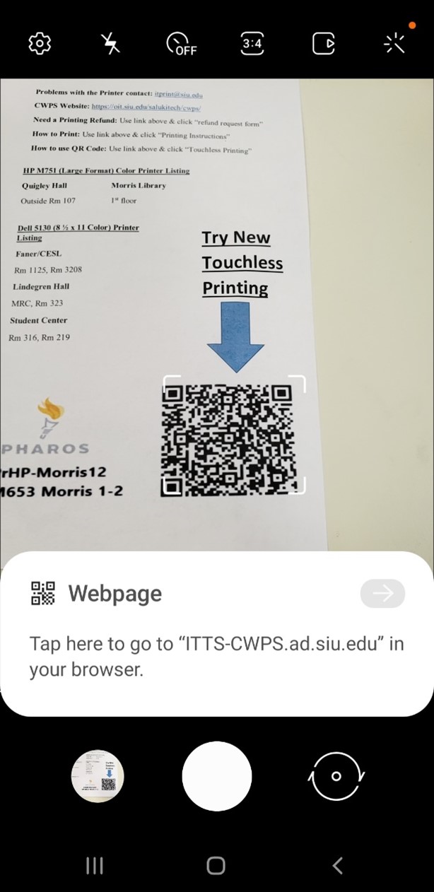 Screenshot of camara app scanning the printing QR code