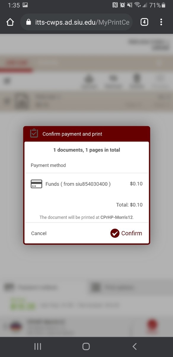 Screenshot of payment and print job confirmation screen