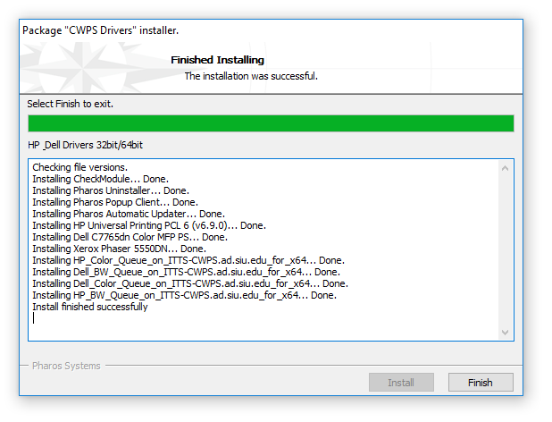 Screenshot of Pharos installation complete screen