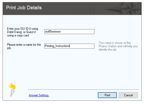 Pharos Print Job Details screen with example information entered