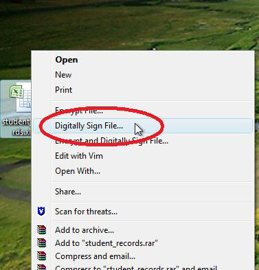 Right click the icon of the file you wish to sign, then click Digitally Sign File…