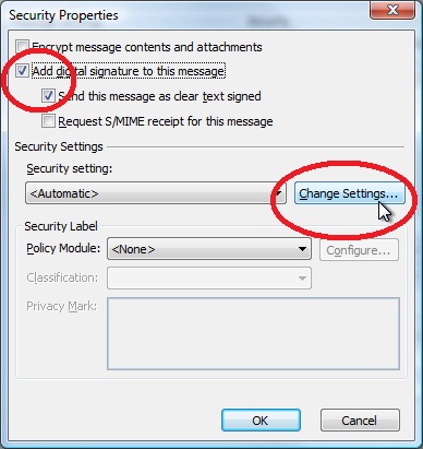 Select Add digital signature to this message and Send this message as clear text signed. Then, click Change Settings…