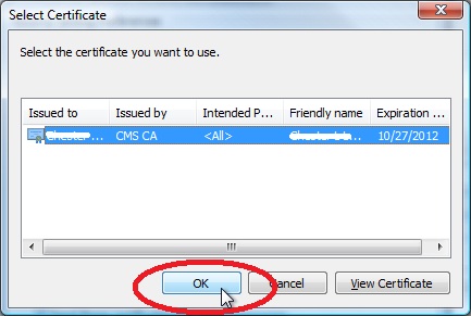 Make sure that the CMS CA certificate is highlighted and click OK