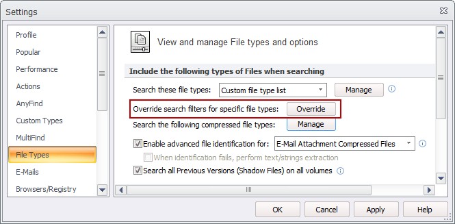 how to find override from the file types tab