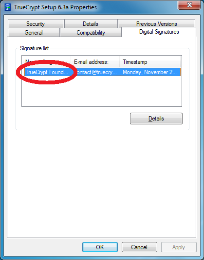 Double-click TrueCrypt on the Signature list.