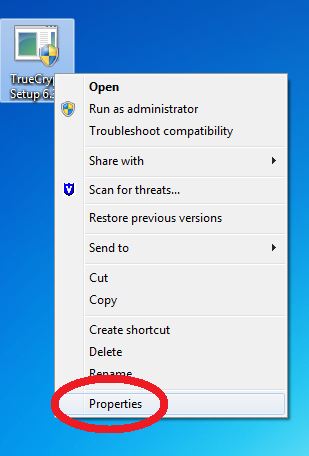 Right click on the TrueCrypt icon on your desktop and click Properties.