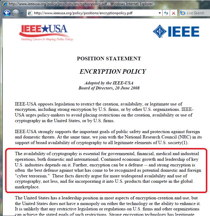 representation of the IEEE encryption policy, which considers encryption to be essential for governmental, financial, medical, and industrial operations