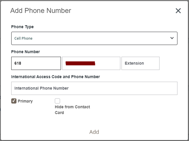 Phone number screen with sample data